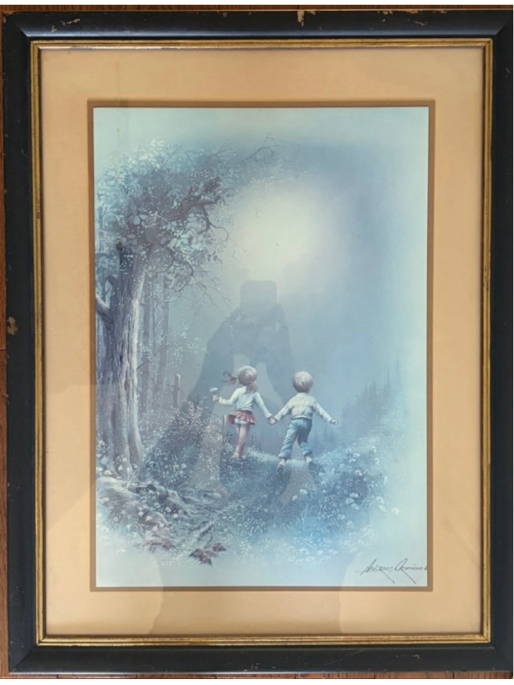 Antique Andres Orpinas Framed Print Two Children Walking In Wildflower Meadow